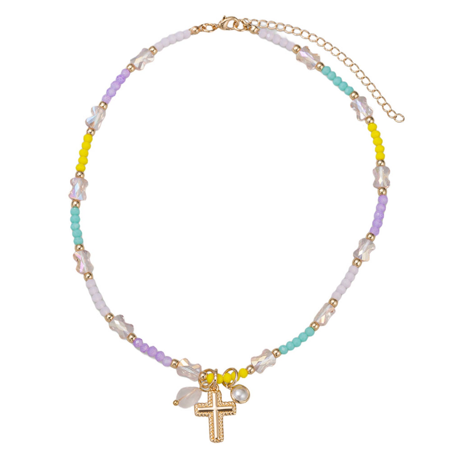 Kids Purple, Yellow, Mint Faceted Beaded Necklace & Cross