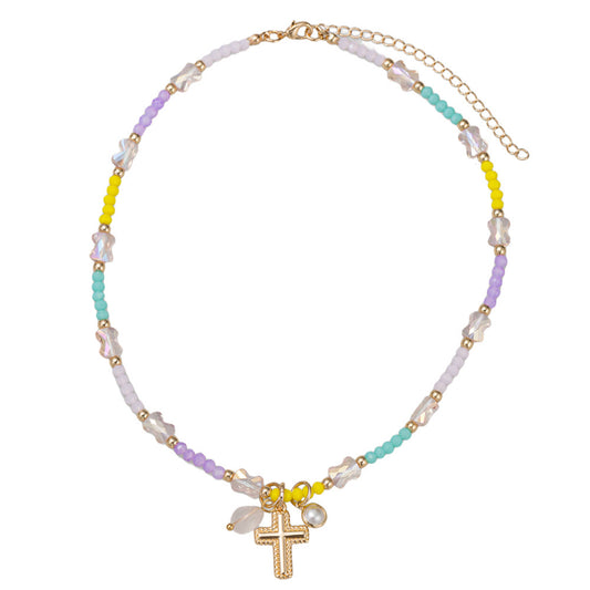 Kids Purple, Yellow, Mint Faceted Beaded Necklace & Cross