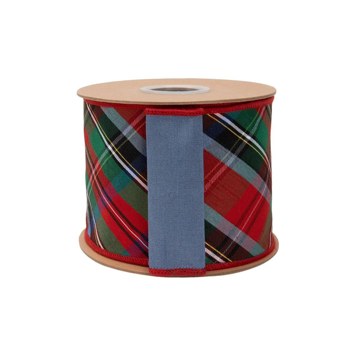 4" Wired Dupioni Ribbon | Plaid Red/Green/Blue w/ Blue Backing | 10 Yard Roll