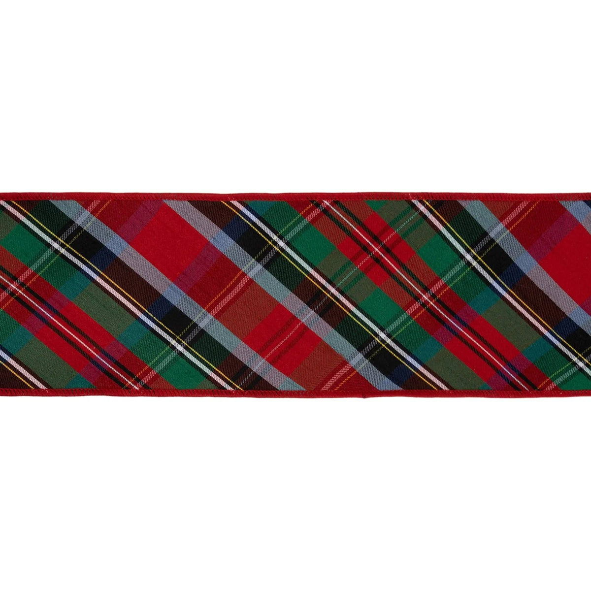 4" Wired Dupioni Ribbon | Plaid Red/Green/Blue w/ Blue Backing | 10 Yard Roll