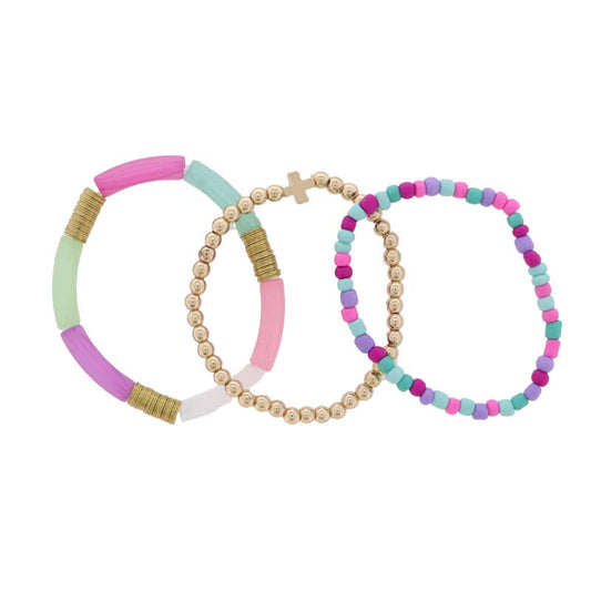 Kids Set of 3 Mint, Tq, Purple, Pink Beaded Bracelet