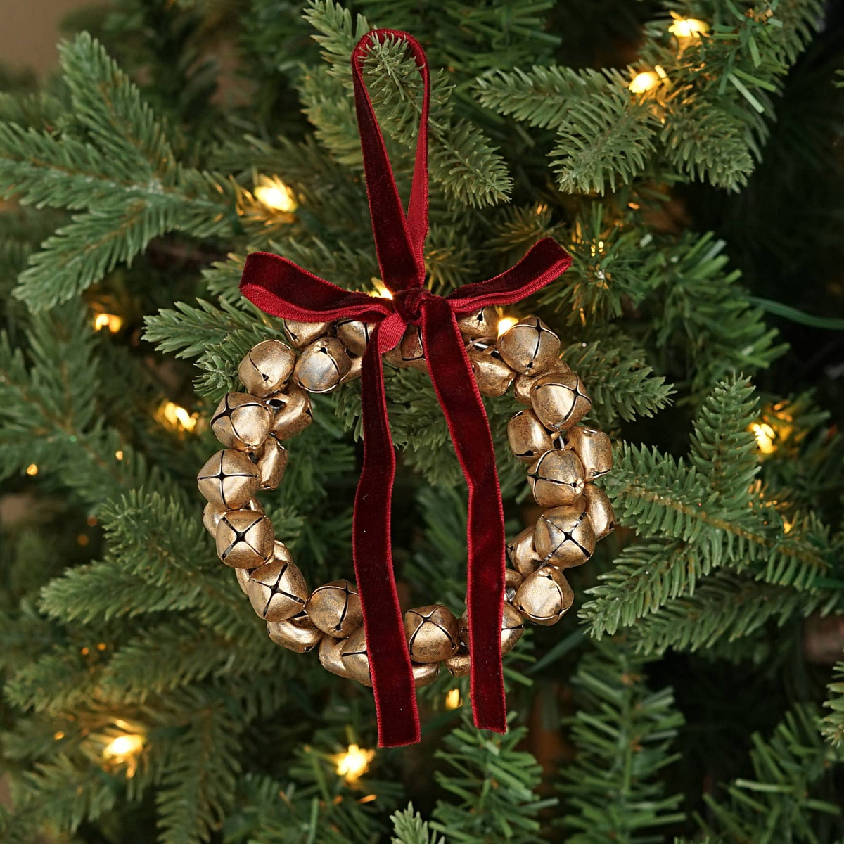 Golden Bell Wreath Ornament with Burgundy Velvet Bow