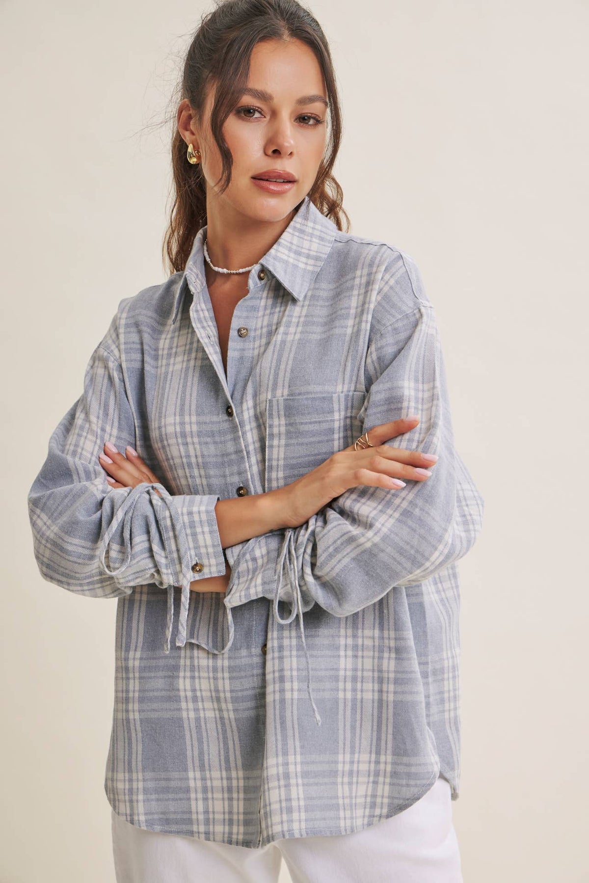 The Merritt Ruched Sleeve Plaid Shirt