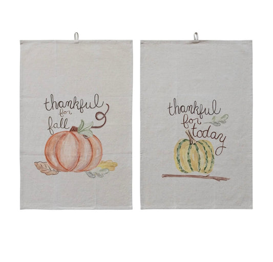 Cotton & Linen Printed Tea Towel with Pumpkin, 2 Styles
