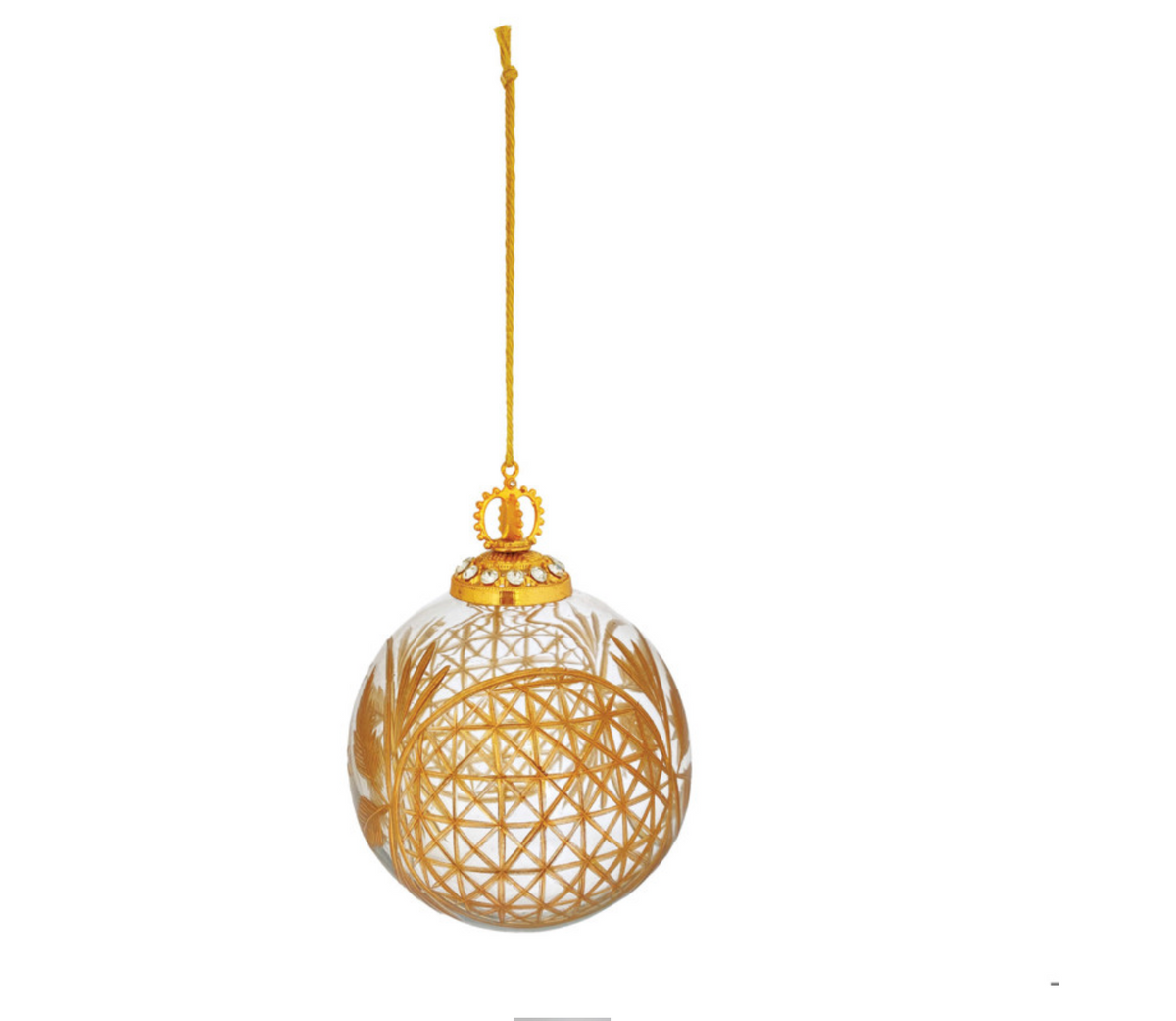 Hand-Blown Etched Glass Ball Ornament with Design, Gold Finish
