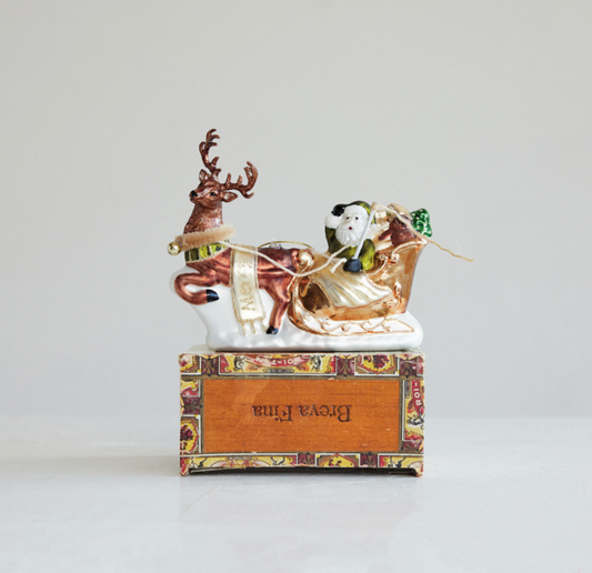 Hand-Painted Glass Santa's Sleigh & Reindeer Ornament