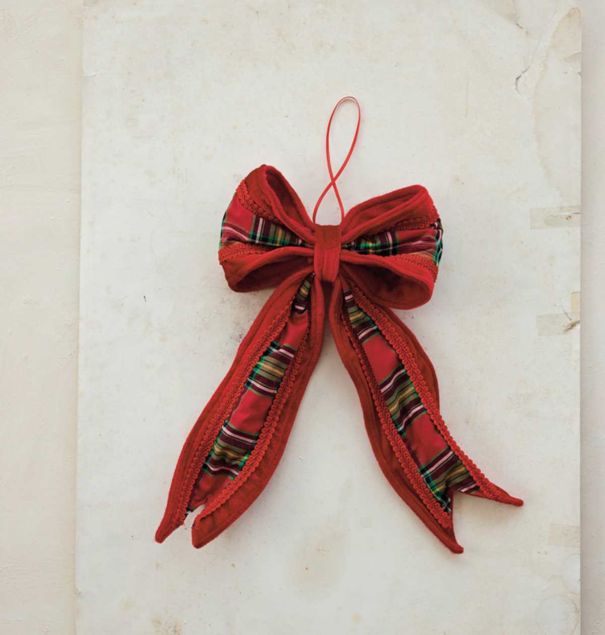 Oversized Fabric & Velvet Bow Ornament with Plaid Pattern