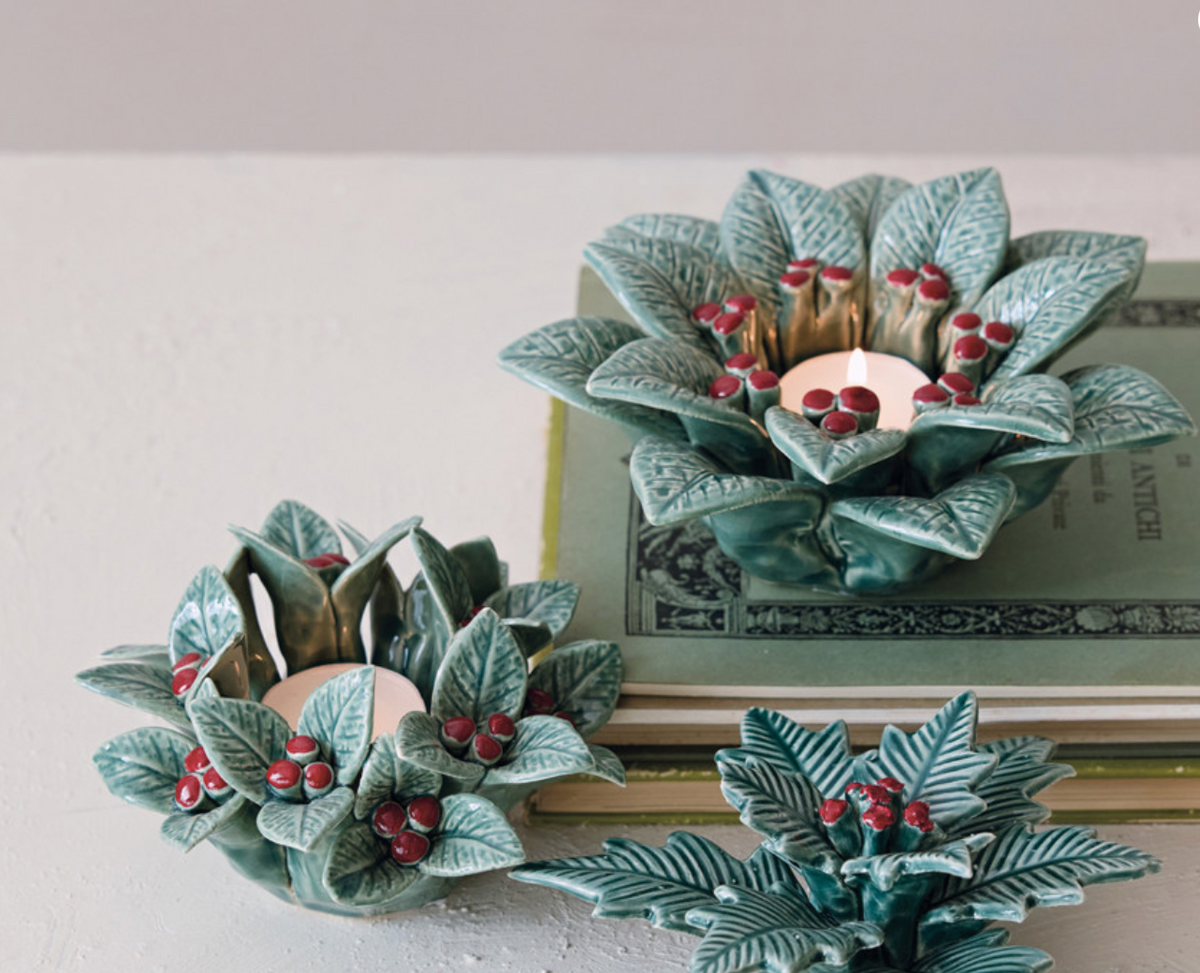 Ceramic Holly Leaves & Berries Shaped Tealight Holder, 2 Styles