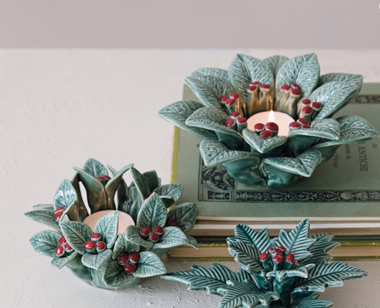 Ceramic Holly Leaves & Berries Shaped Tealight Holder, 2 Styles