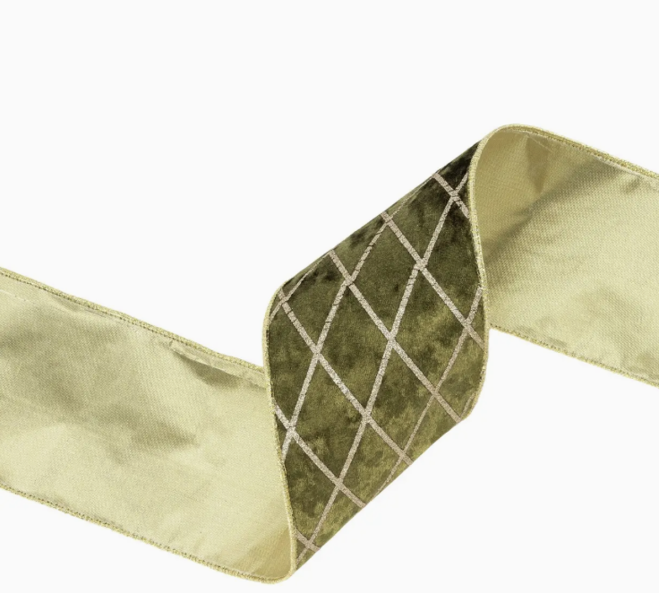 4" Wired Velvet Ribbon | Green with Glittered Diamond | 10 Yard Roll