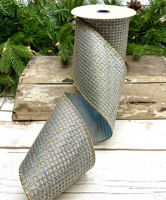 Platinum Blue & Gold Glitter Mesh Ribbon