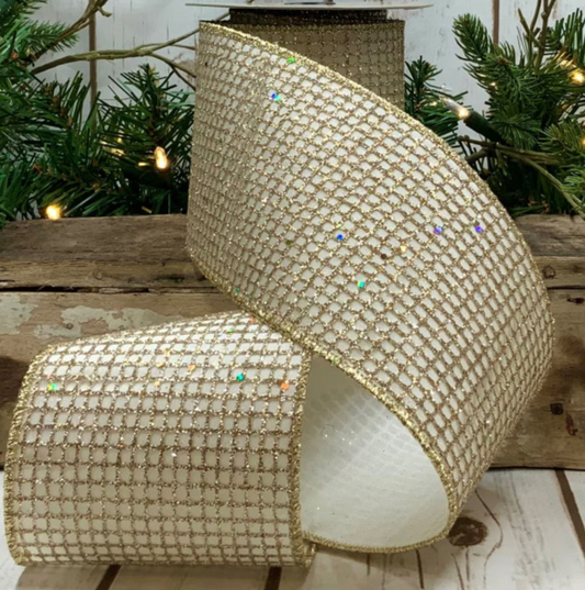 Platinum Ivory & Gold Glitter Mesh Ribbon