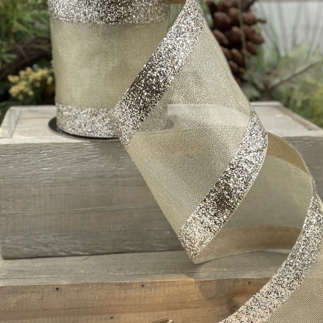 Platinum Glitter Edge Mesh Ribbon