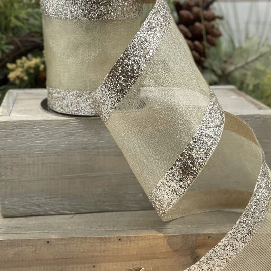 Platinum Glitter Edge Mesh Ribbon