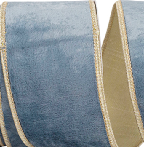 Sky Blue Plush Velvet Ribbon with Gold Trim