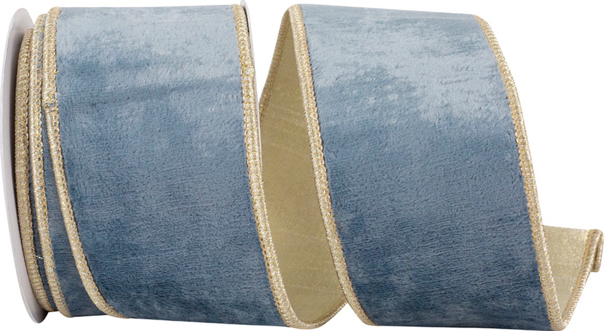 Sky Blue Plush Velvet Ribbon with Gold Trim