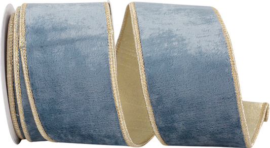 Sky Blue Plush Velvet Ribbon with Gold Trim