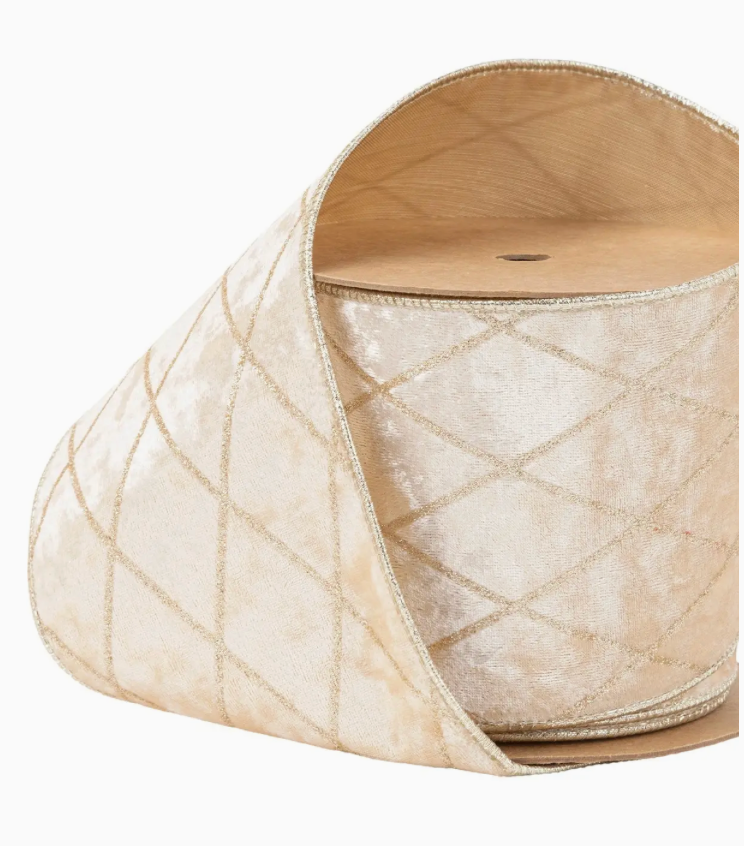 4" Wired Velvet Ribbon | Champagne with Glittered Diamond
