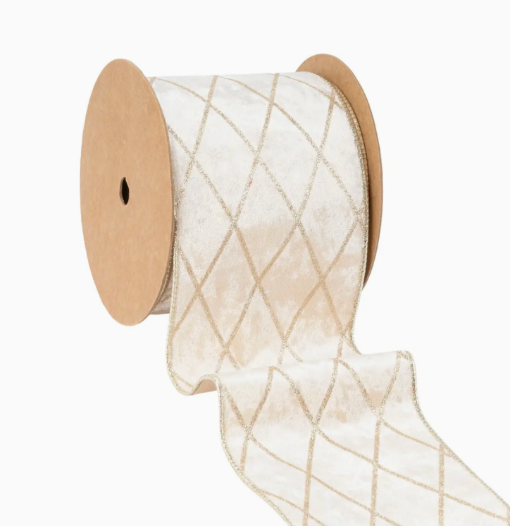 4" Wired Velvet Ribbon | Champagne with Glittered Diamond