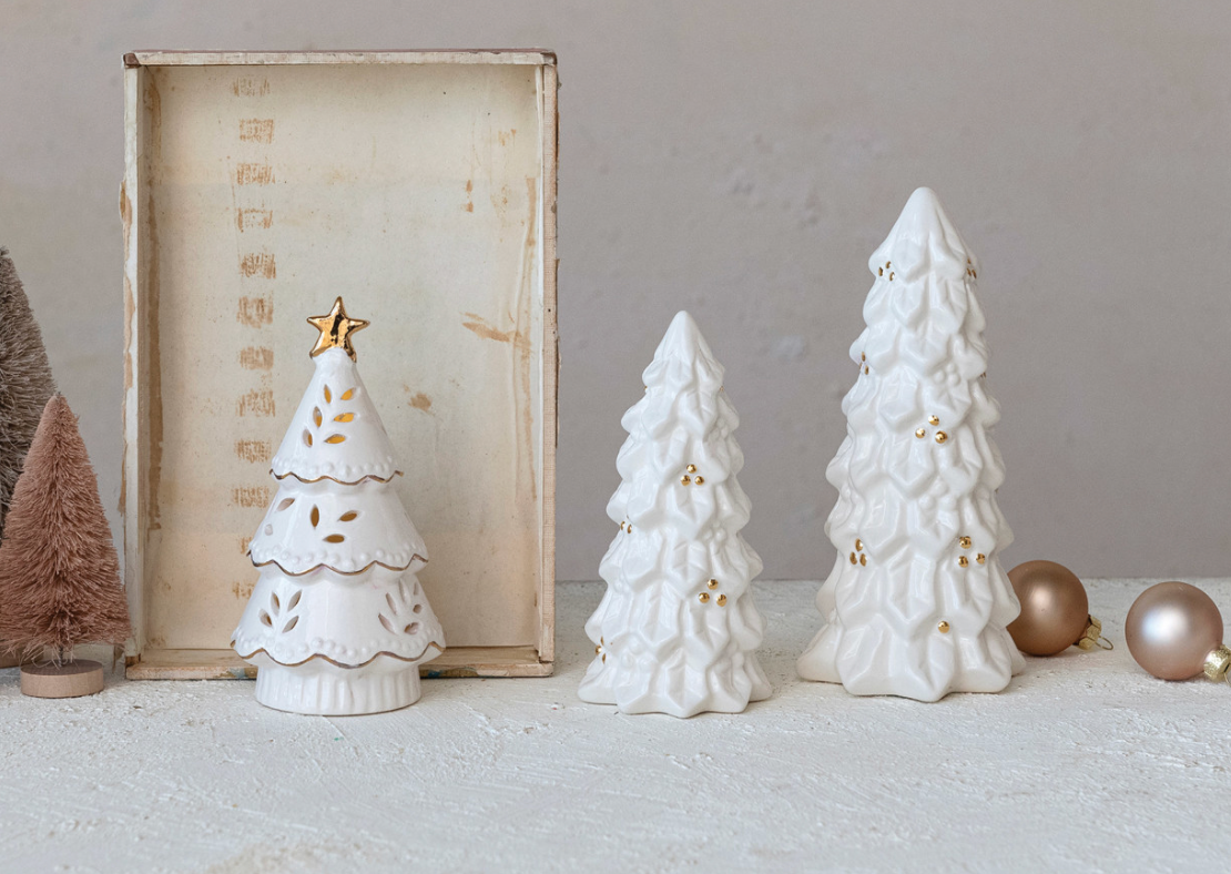 White & Gold Stoneware Christmas Trees – Set of 3