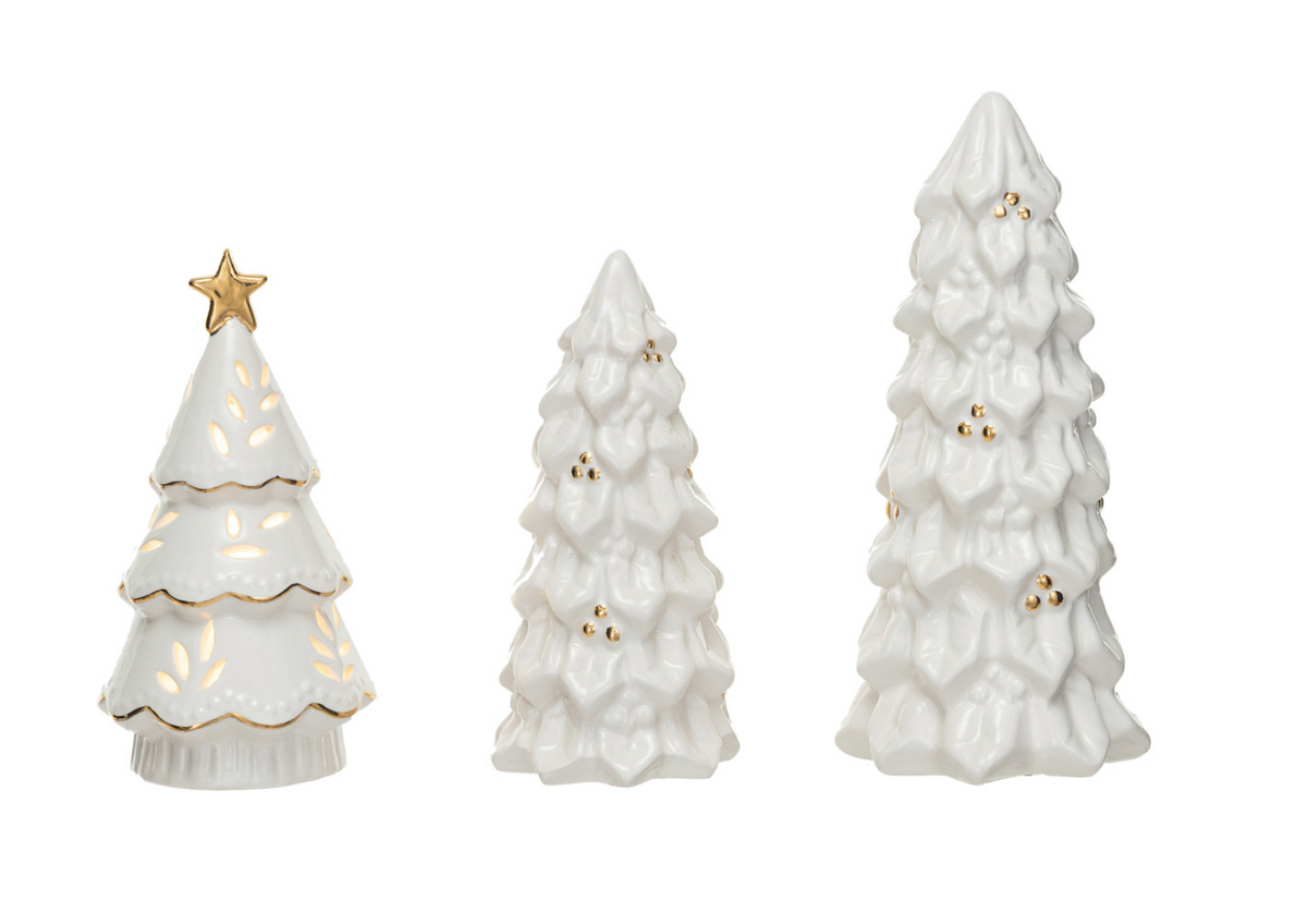 White & Gold Stoneware Christmas Trees – Set of 3