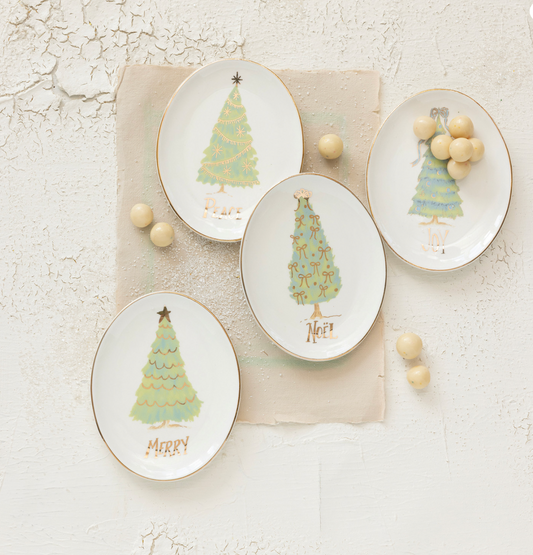 Oval Stoneware Dish with Christmas Tree, Word, 4 Styles