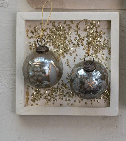 3" Etched Mercury Glass Ball Ornament with Design, 2 Styles