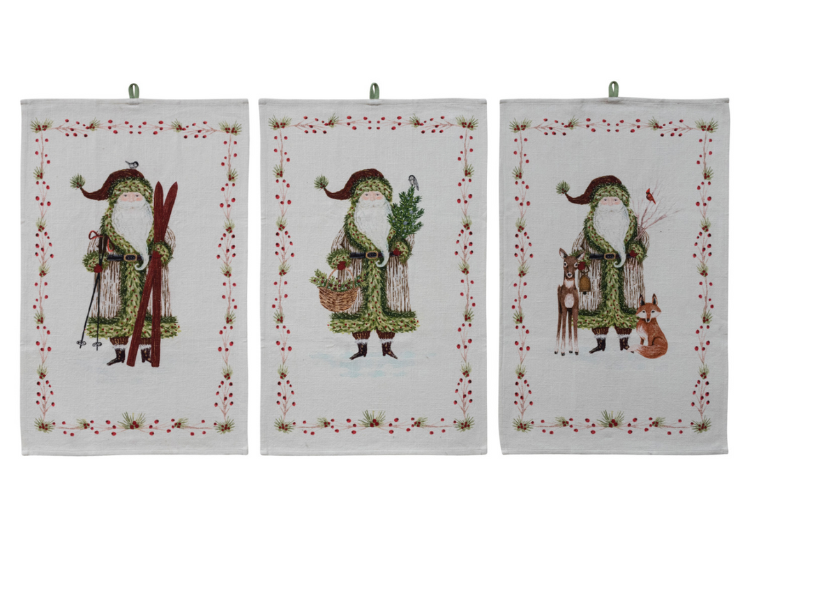 Printed Tea Towel with Santa & Berries Border, 3 Styles