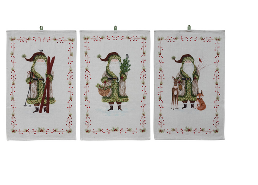 Printed Tea Towel with Santa & Berries Border, 3 Styles