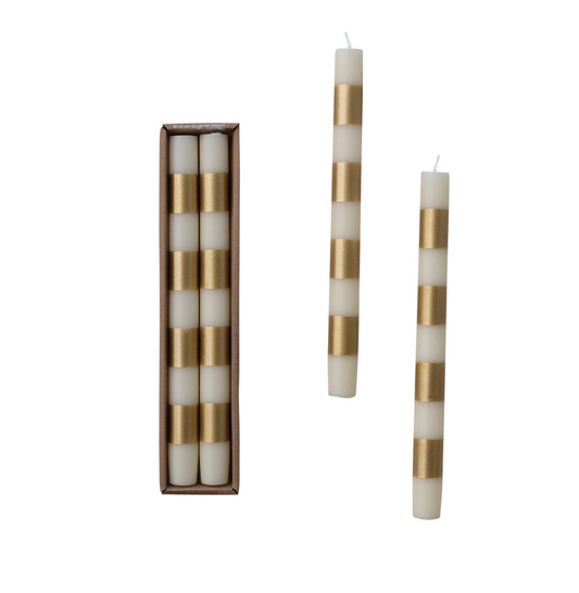 Taper Candles with Stripes in Box, Cream & Gold Color, Set of 2