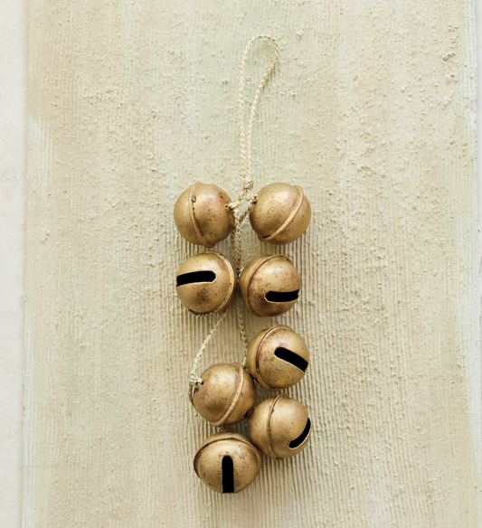 Hanging Metal Jingle Bell Cluster with White & Gold Cord, Gold Finish