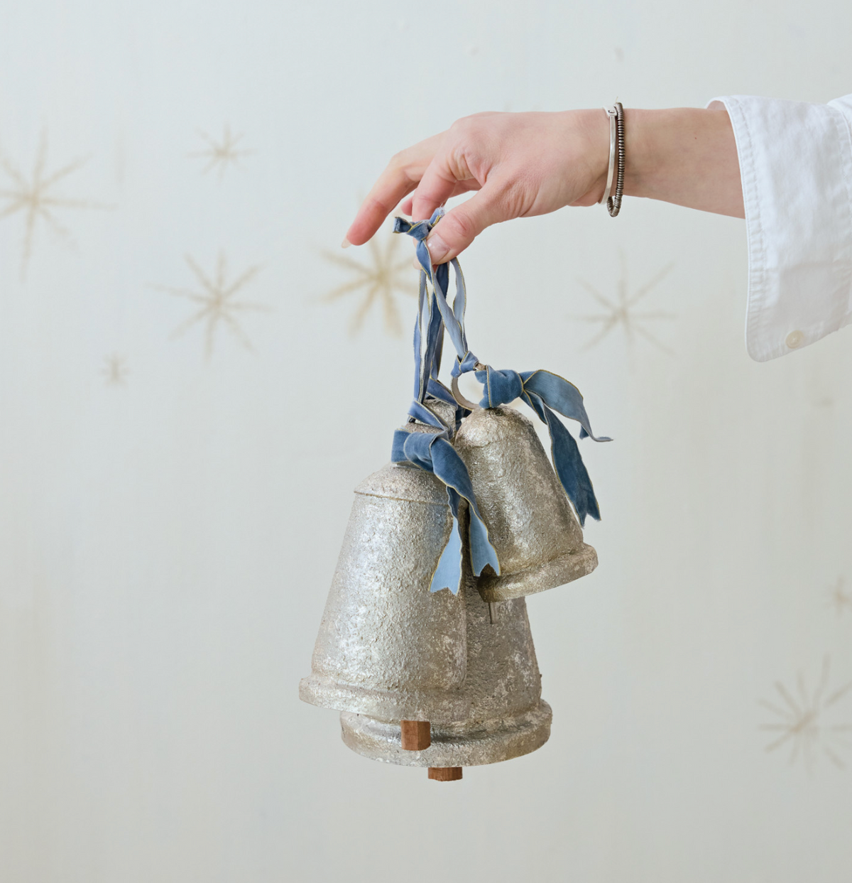 Metal & Wood Bell with Blue Velvet Ribbon, Antique Silver Finish