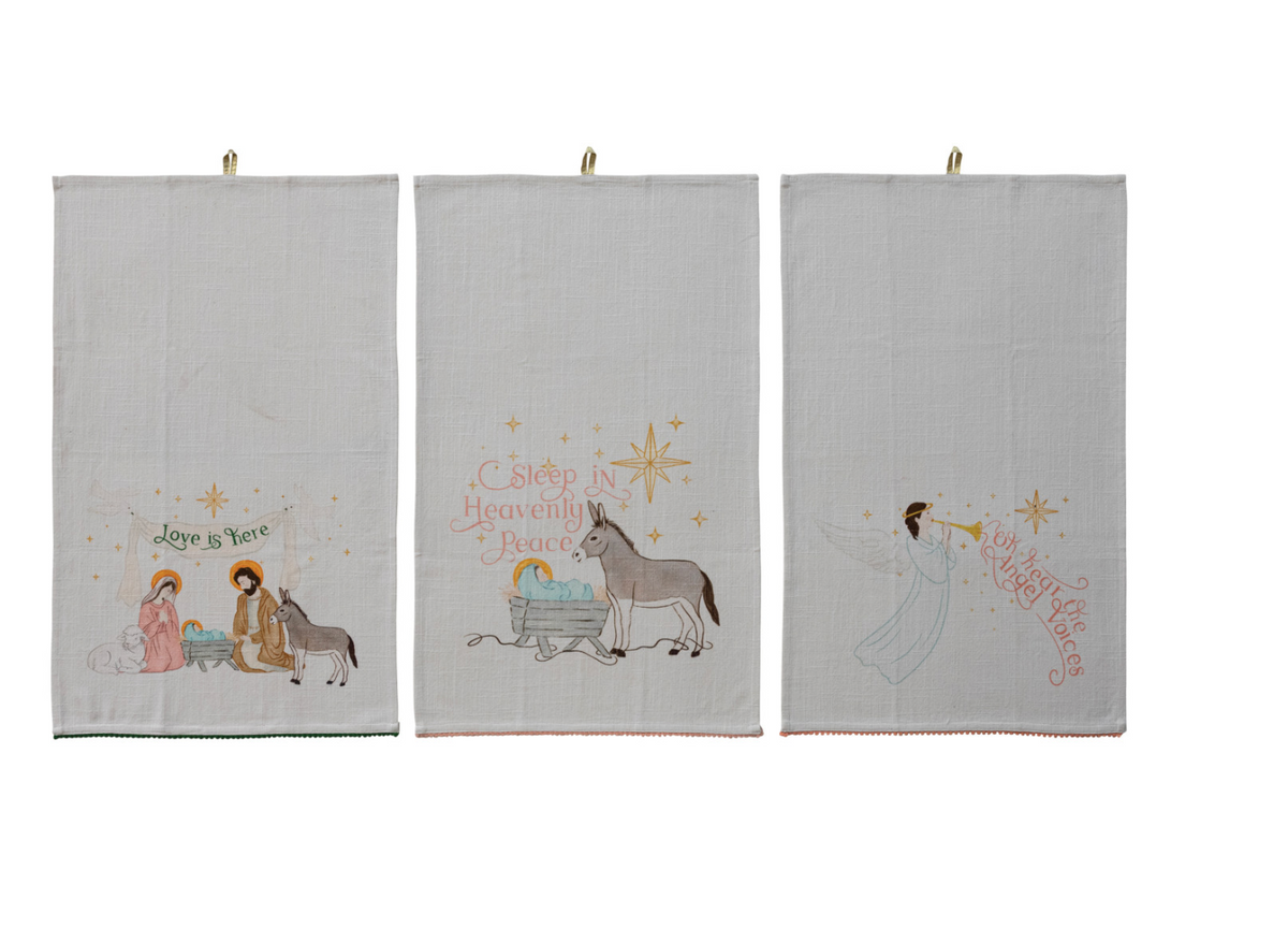 Tea Towel with Holiday Figure, Saying & Mini Pom Pom Trim, 3 Styles
