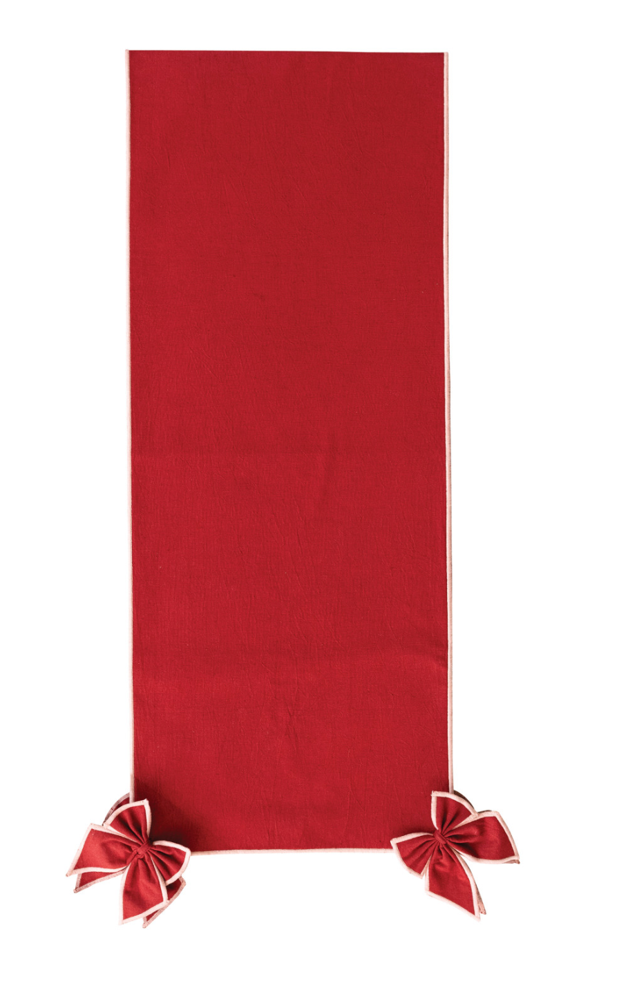 Cotton & Linen Table Runner with Detachable Bows & Pink Stitched Edge, Red