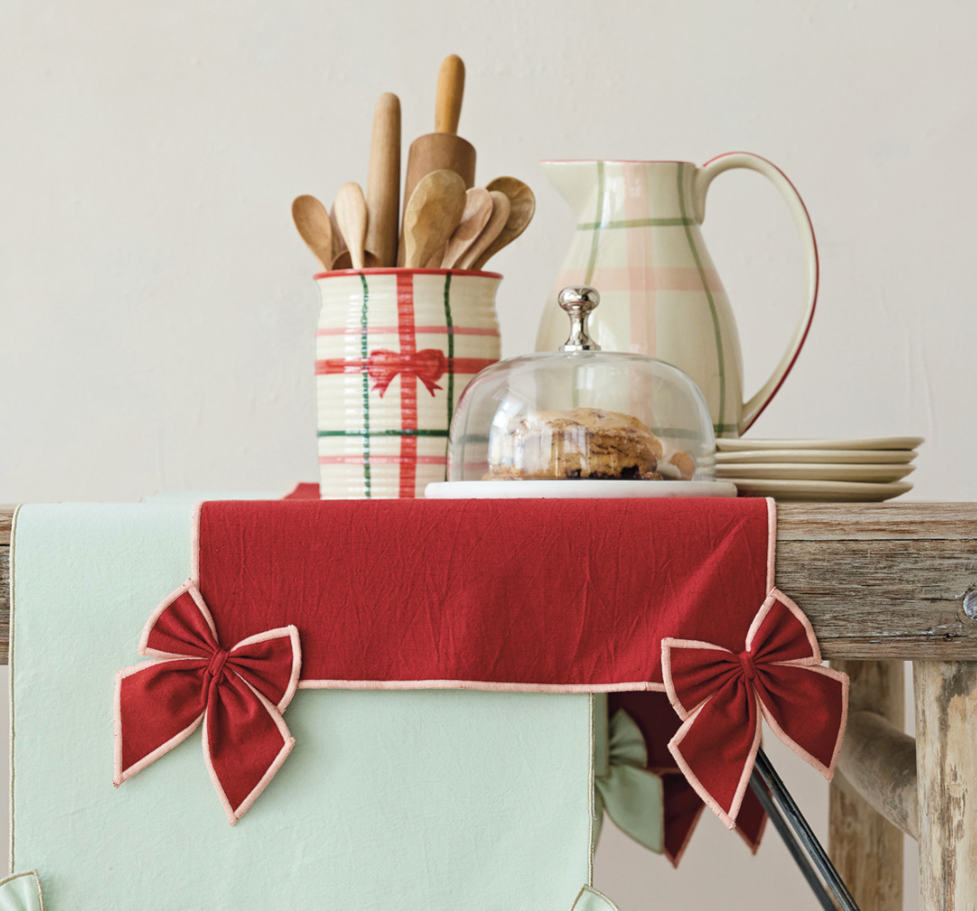 Cotton & Linen Table Runner with Detachable Bows & Pink Stitched Edge, Red