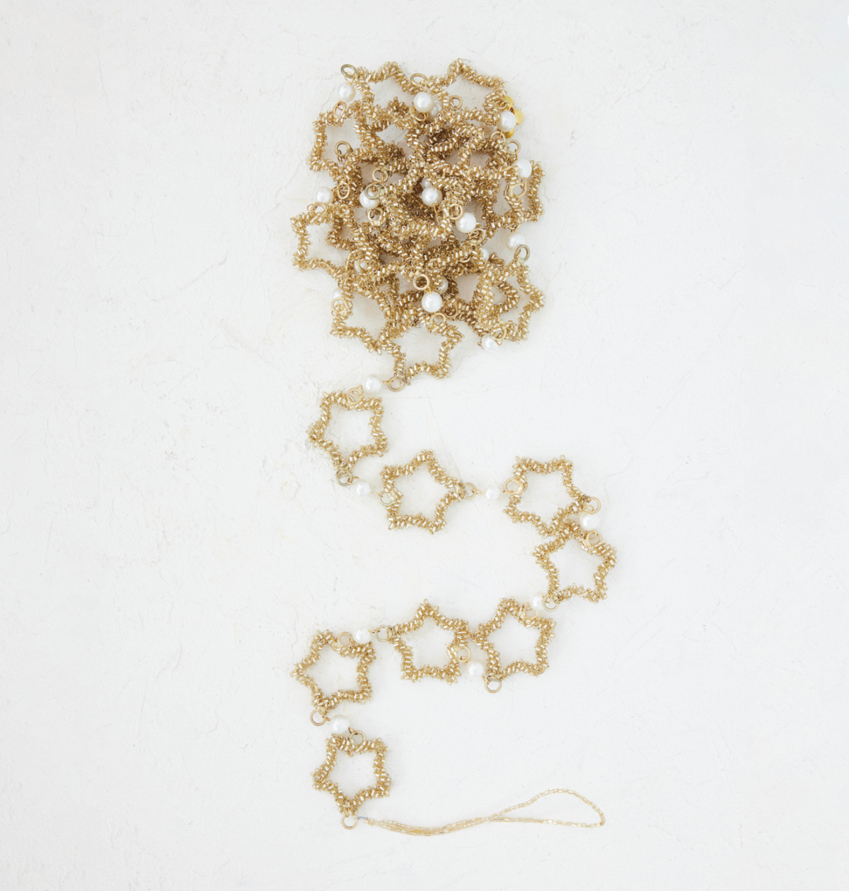 Metal & Glass Beaded Star Garland with Faux Pearls, Gold Finish