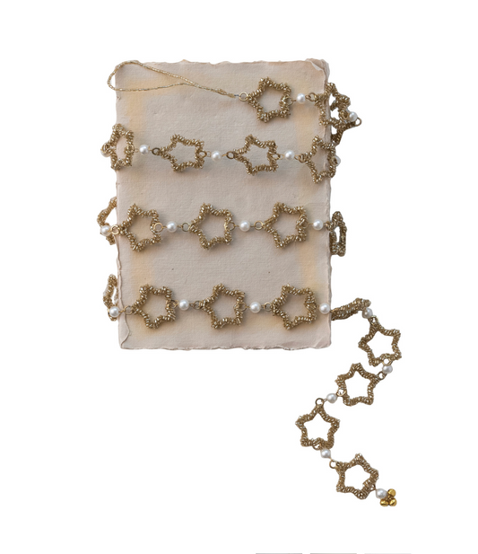 Metal & Glass Beaded Star Garland with Faux Pearls, Gold Finish