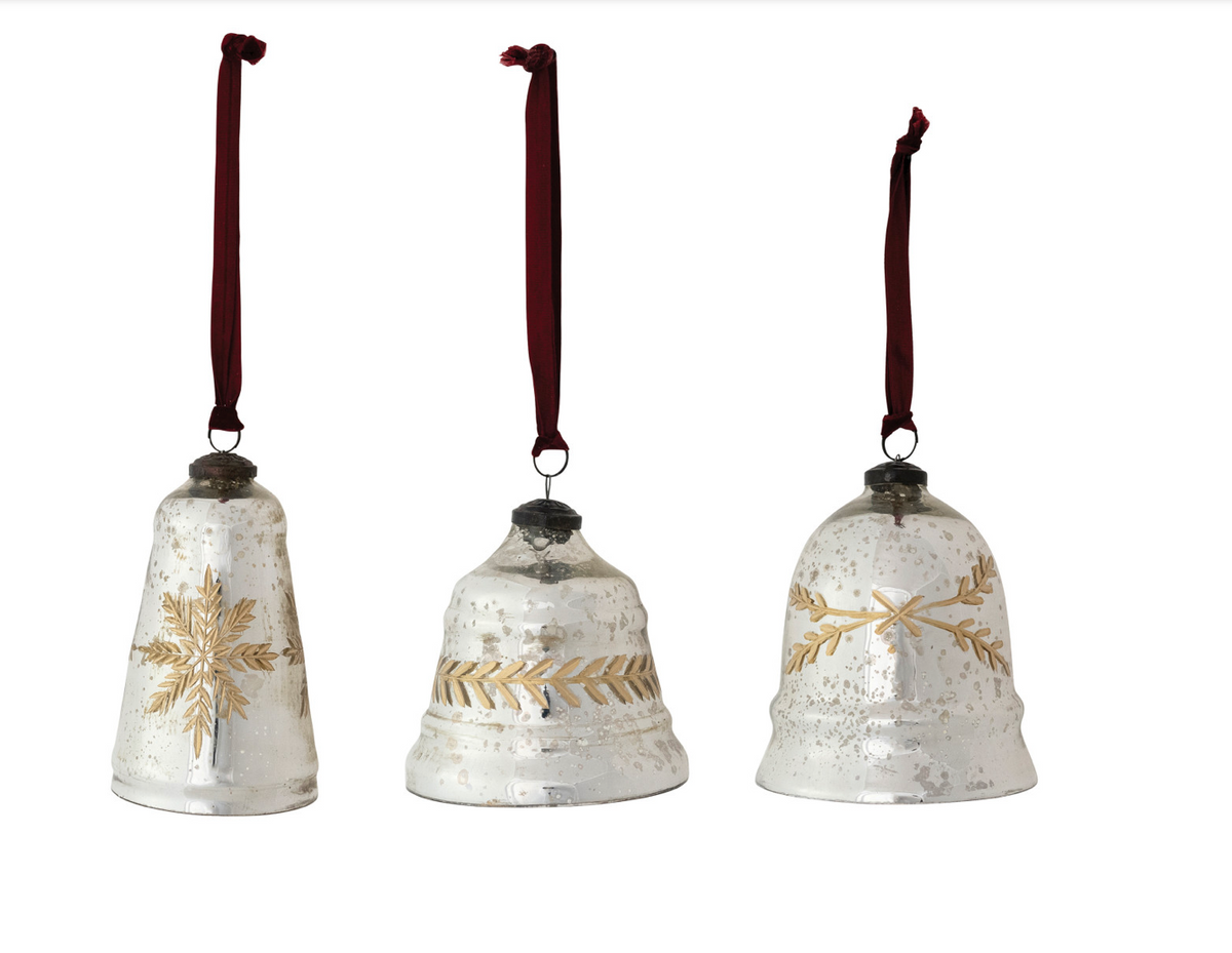 Etched Mercury Glass Bell Shaped Ornament with Burgundy Velvet Ribbon Hanger, 3 Styles