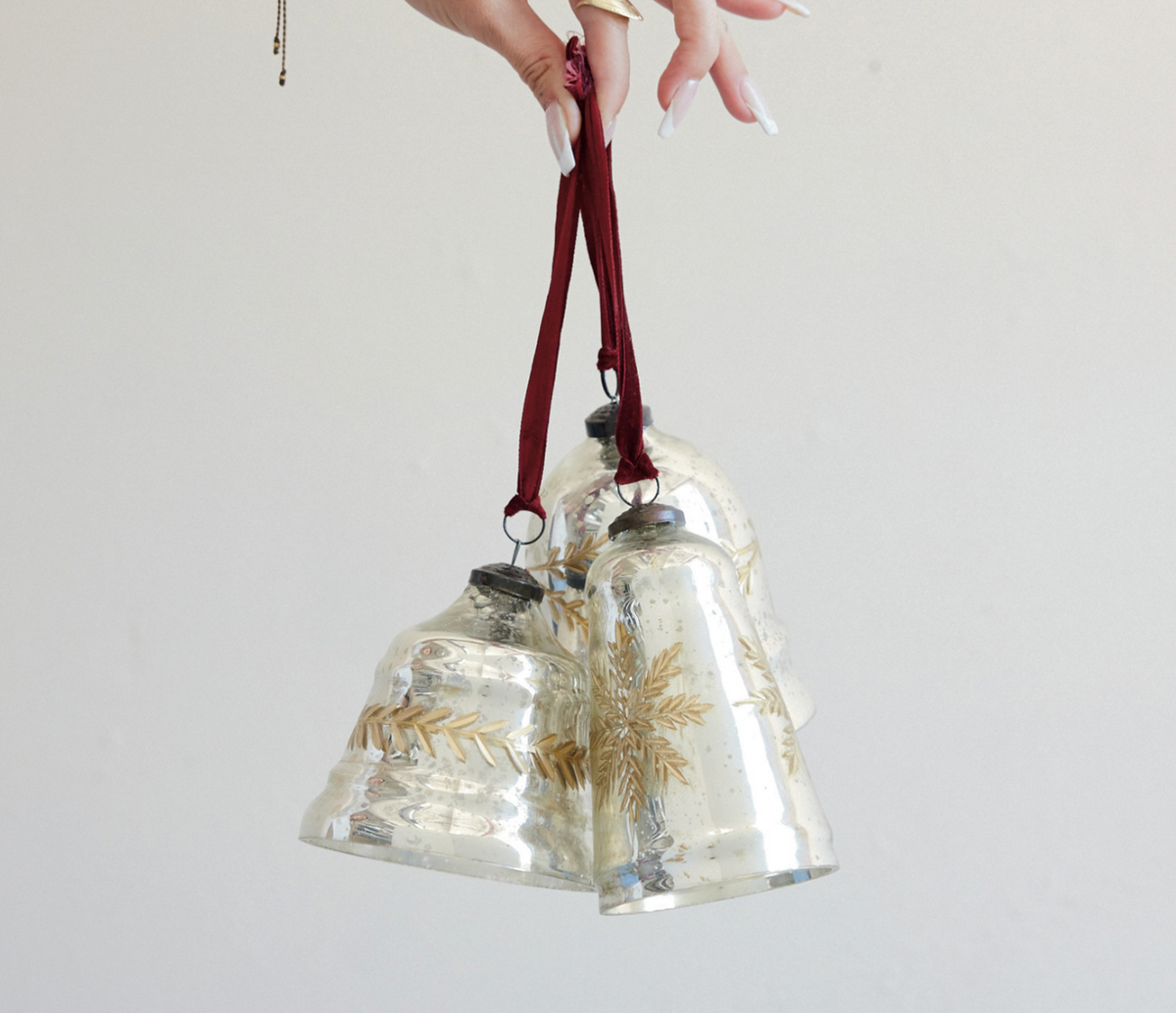 Etched Mercury Glass Bell Shaped Ornament with Burgundy Velvet Ribbon Hanger, 3 Styles
