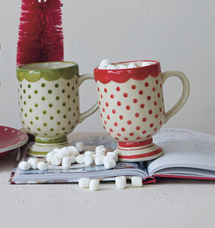 12 oz. Hand-Painted Stoneware Footed Mug with Polka Dots, Stripes & Scalloped Rim, 2 Colors