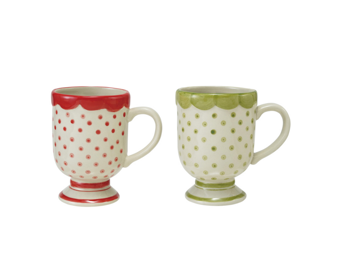 12 oz. Hand-Painted Stoneware Footed Mug with Polka Dots, Stripes & Scalloped Rim, 2 Colors