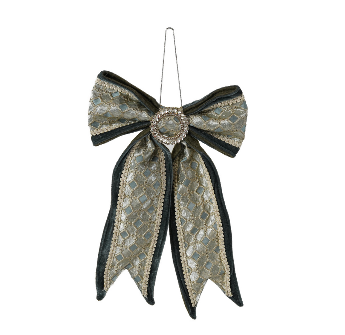 Velvet & Jacquard Fabric Bow Ornament with Jewels, Blue & Cream