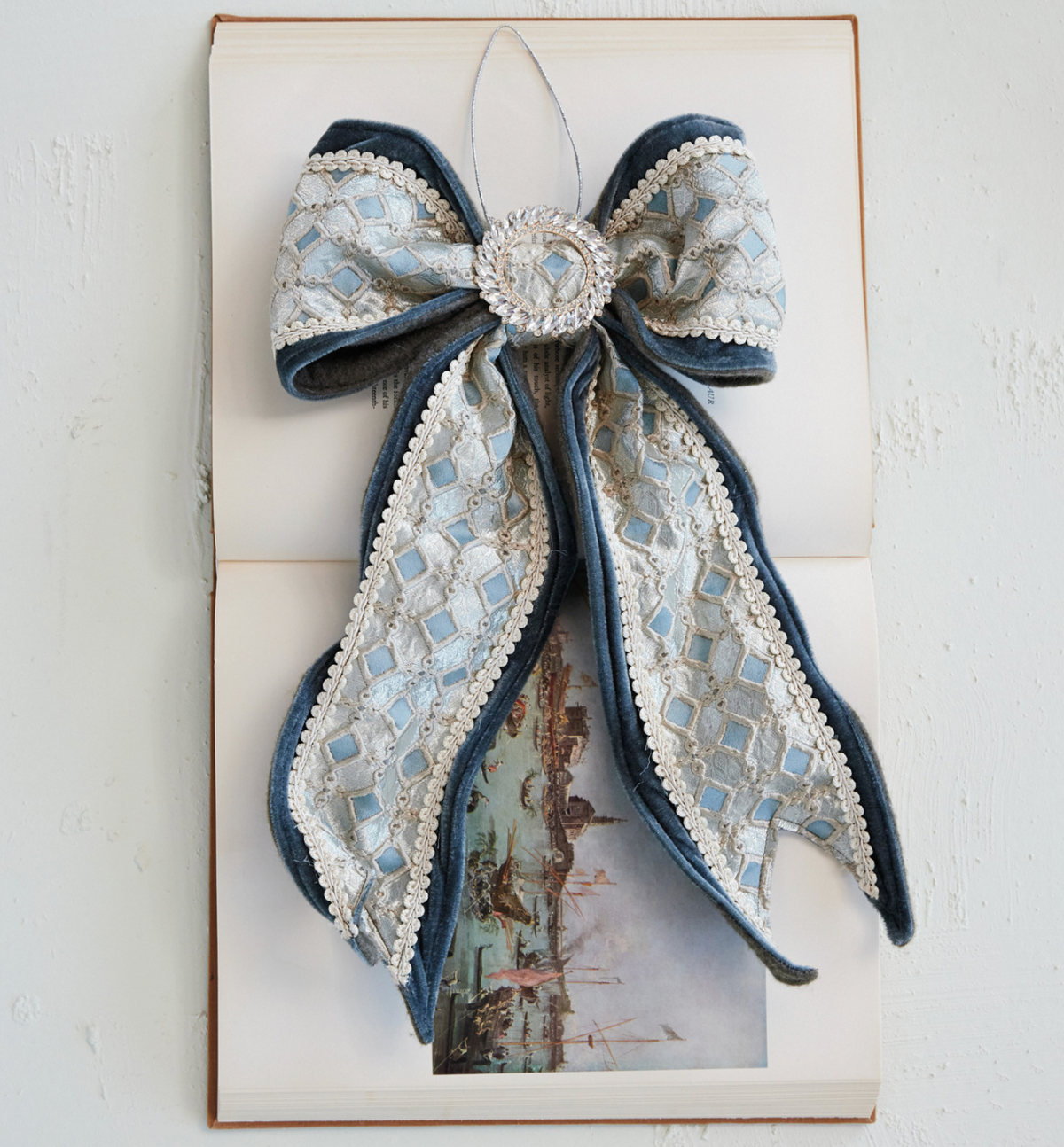 Velvet & Jacquard Fabric Bow Ornament with Jewels, Blue & Cream