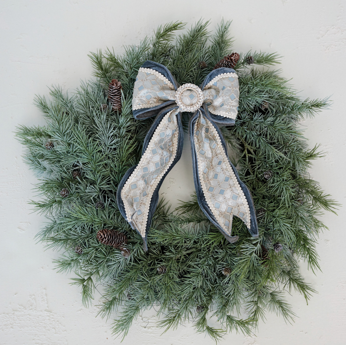 Velvet & Jacquard Fabric Bow Ornament with Jewels, Blue & Cream