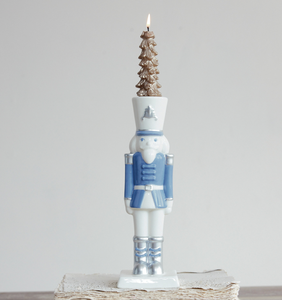 Blue & White Nutcracker Ceramic Taper Candle Holder | 10.25"