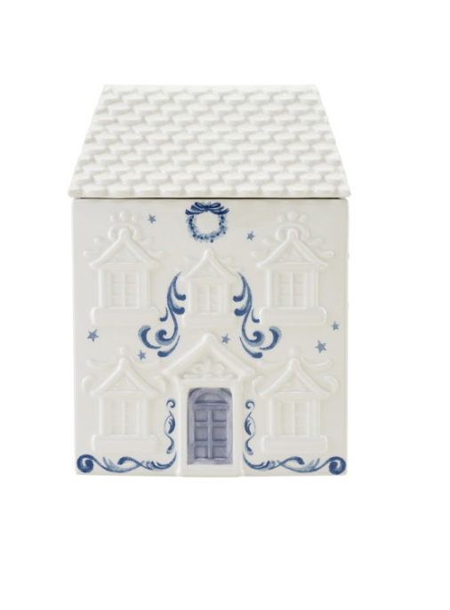 Ceramic House Shaped Cookie Jar, White & Blue