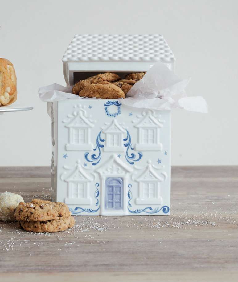 Ceramic House Shaped Cookie Jar, White & Blue