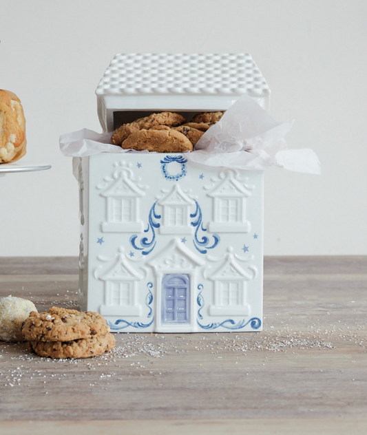 Ceramic House Shaped Cookie Jar, White & Blue