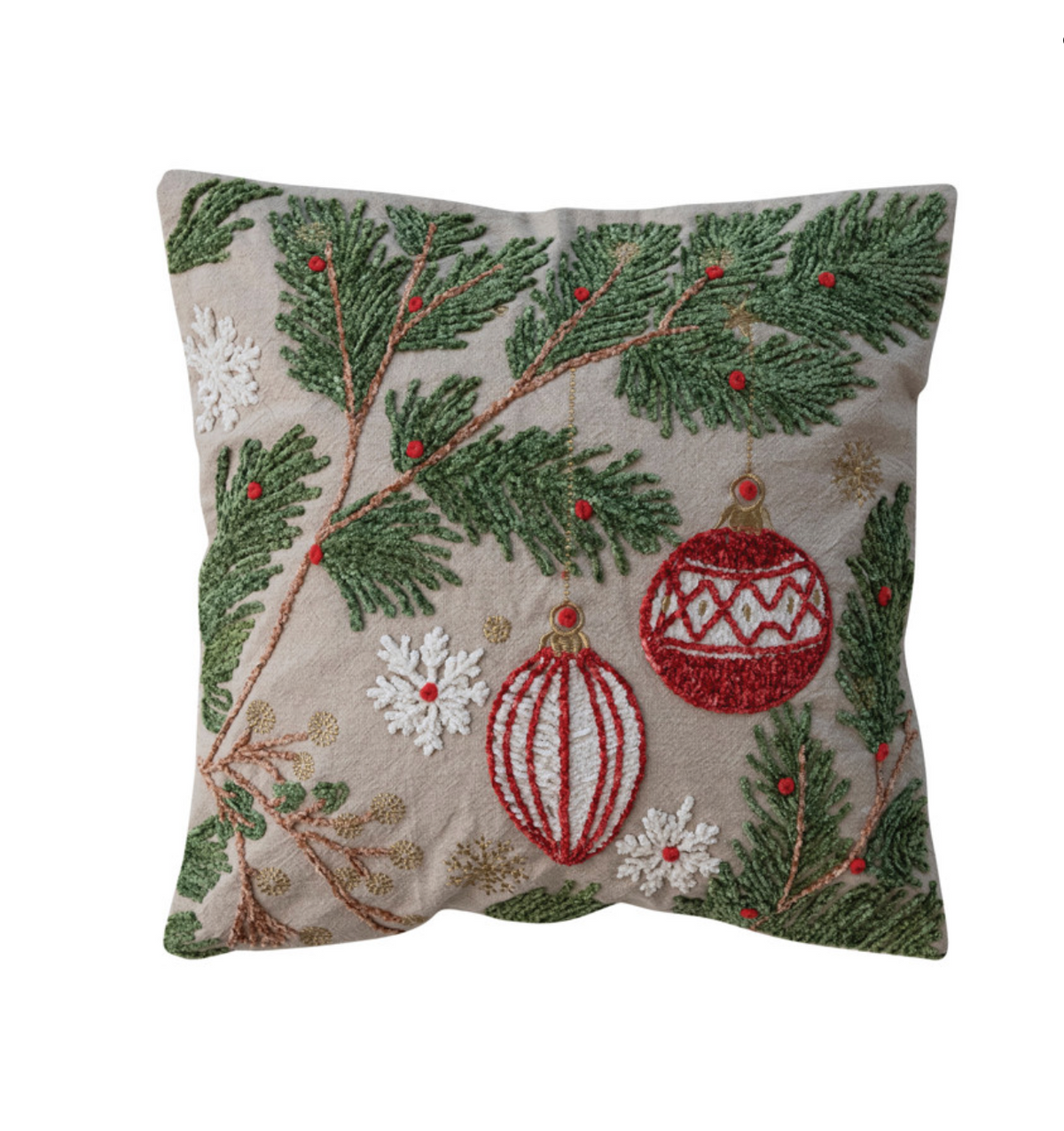 Embroidered Pine Boughs, Ornaments & Snowflakes Throw Pillow