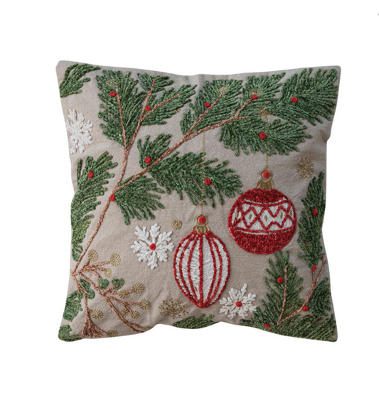 Embroidered Pine Boughs, Ornaments & Snowflakes Throw Pillow